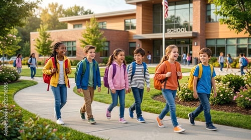 Happy diverse children walking towards school Building, back to school, elementary students