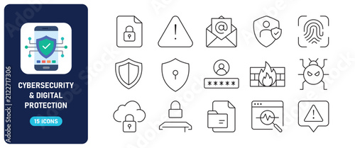 Set of Cybersecurity and Digital Protection Line Icons for Internet Security, Data Privacy and Secure Authentication