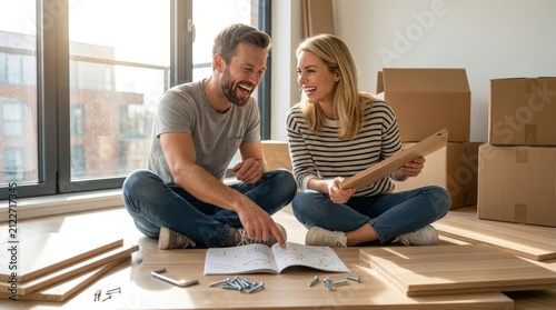 Happy Diverse Couple Assembling DIY Furniture in New Apartment