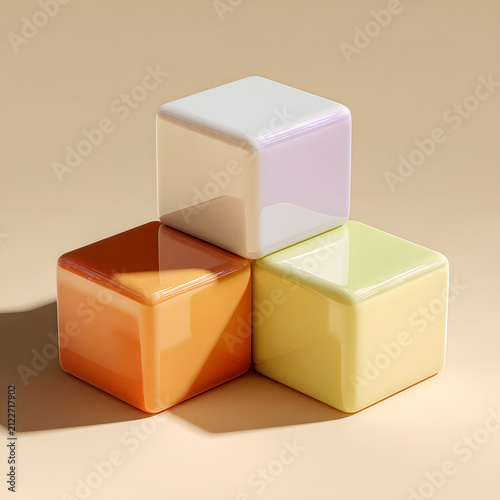 Soft pastel geometric protein cubes stacked with soft shadow and glossy surface conveying calm modern food concept