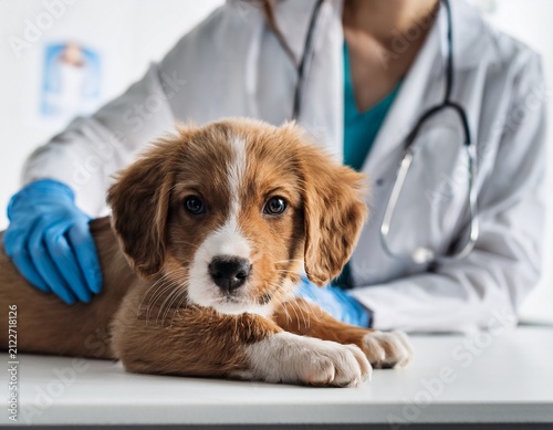 cute puppy on examination table at vet clinic