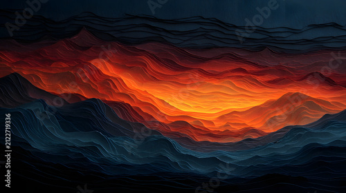 Abstract fiery sunset over dark wave layers, dramatic glowing orange and red light