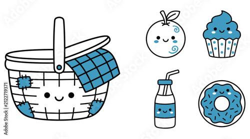 Playful kawaii picnic basket with various food and drink items for recreation.