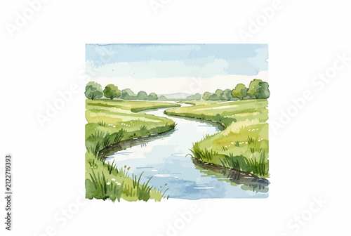 Serene Watercolor River Landscape.