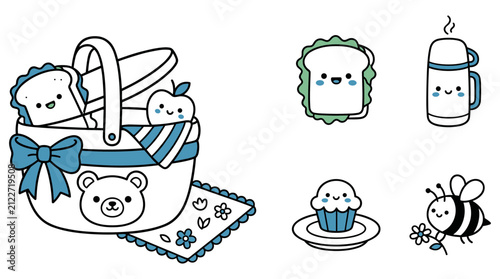 Charming kawaii picnic basket with tasty treats and drinks for outdoor enjoyment.