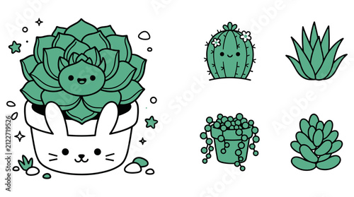 Kawaii succulent plant collection in cute pots with decorative rabbit face and various cactus species for botanical designs.
