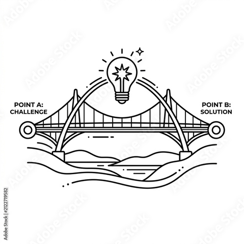 Bridge connecting two challenge points with glowing idea bulb. Problem-solving concept linking obstacles to innovative solutions in business strategy.