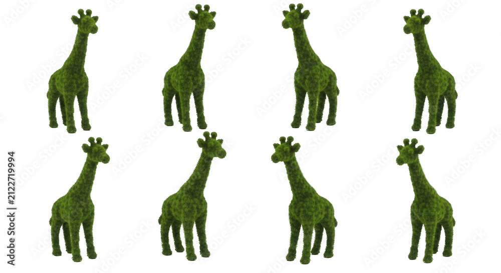 Fototapeta premium eight topiary giraffes stand facing each other in a clean white studio background decorative and garden themed designs