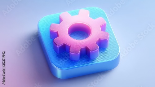 Pink 3D Gear Button Icon with Cogwheels Symbolizing Technology, Industry, Engineering, Business and Mechanical Settings on White Background
