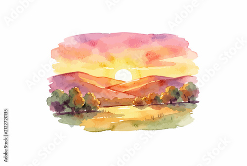 Watercolor Sunset Over Rolling Valley Landscape.