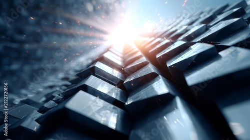 Abstract Blue Technology Background with Glowing Stars, Fiber Optic Cables and Metal Computer Equipment Closeup for Modern Business Innovation