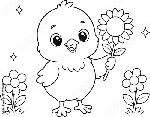 Cute baby chick coloring page, cartoon bird holding sunflower, nursery vector art