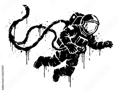 Astronaut floating in space with tether in ink splatter stencil style