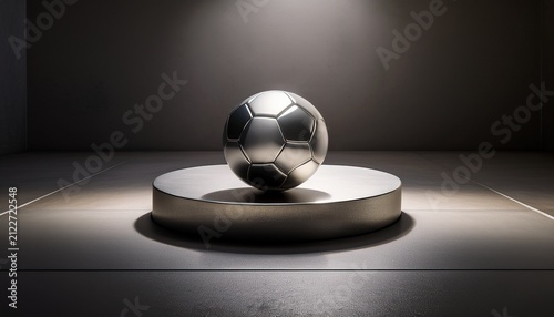 a metallic soccer ball rests on a modern circular podium casting a shadow on a concrete surface under soft lighting goals achieved football world cup banner