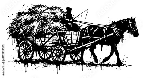 Horse pulling a wooden cart filled with hay in ink splatter style