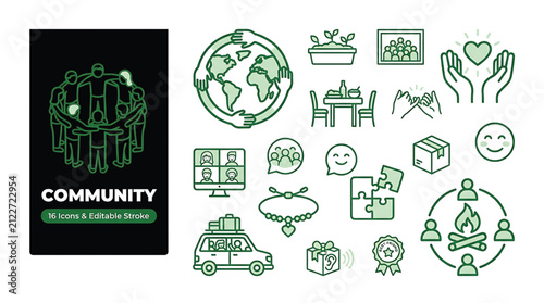 Community gathering and social support line icons
