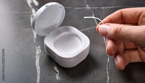 hand using dental floss from modern container on stone bathroom surface