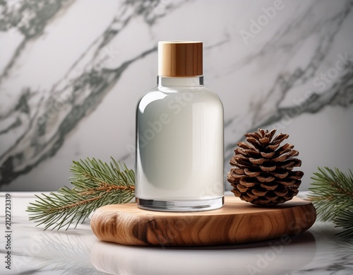 elegant frosted glass bottle with wooden cap and pine cone on marble surface