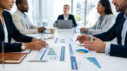 Diverse business team in meeting analyzing financial charts and data on office table