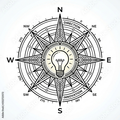 Vintage compass rose with directional points and lightbulb center. Classic nautical navigation symbol featuring cardinal directions and creative id...