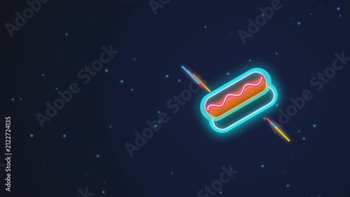 Neon hotdog graphic design animation showing vibrant glowing lines for delicious fast food marketing video footage