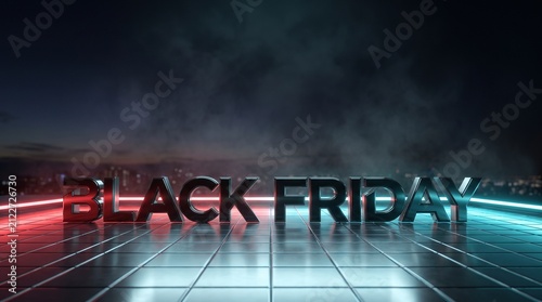 Metallic 3D Black Friday text on dark reflective grid with red and cyan neon lighting, generative AI