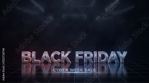 Glowing 3D metallic Black Friday typography on reflective dark grid surface, generative AI