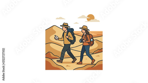 Two hikers exploring a desert landscape with backpacks