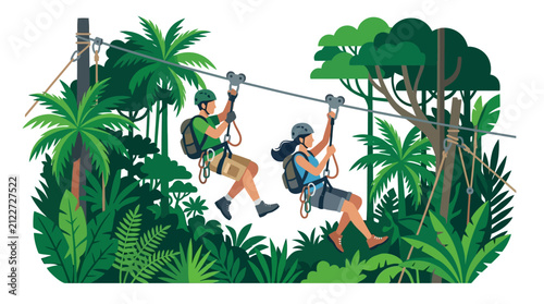 People enjoying a zipline ride in a lush green jungle