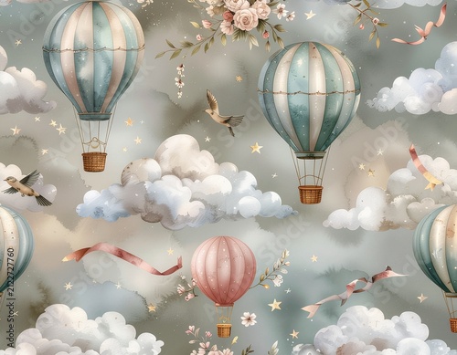 Seamless Pattern with Hot Air Balloons, Clouds, Birds, Stars, Flowers, and Ribbons in Soft Pastel Watercolor Style for Nursery and Kids Room Decor