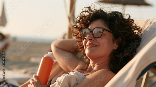 Sunscreen Serenity: A woman relaxes on a beach lounge chair, wearing sunglasses and holding a bottle of sunscreen, enjoying a peaceful moment in the warm sun.