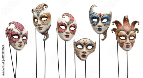 decorative masks displayed against a white background artistic design possible use party decoration or cultural art reference