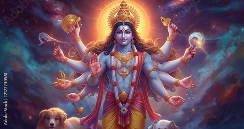 Lord Shiva, or Ishvara, is one of the three supreme deities of the Trimurti in Hinduism. He is the god of destruction of evil, rebirth, and yogic practice. His consort is Goddess Uma Devi, and his son