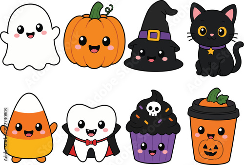 Large set of kawaii halloween stickers featuring witch hat vampire tooth pumpkin coffee and spooky characters.