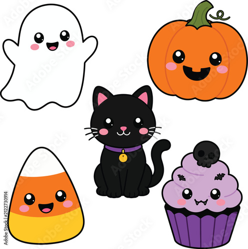 Hand drawn kawaii halloween characters set with ghost pumpkin cat candy corn and vampire cupcake.