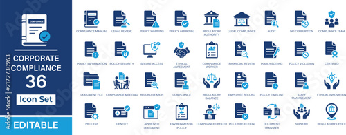 Corporate Compliance 36 editable solid icon set. Policy, legal, audit, governance, regulatory, ethics and compliance management vector icons for UI, UX, web and app design.