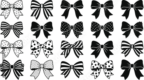 Collection of decorative black and white patterned bows for gift wrapping and holiday design elements