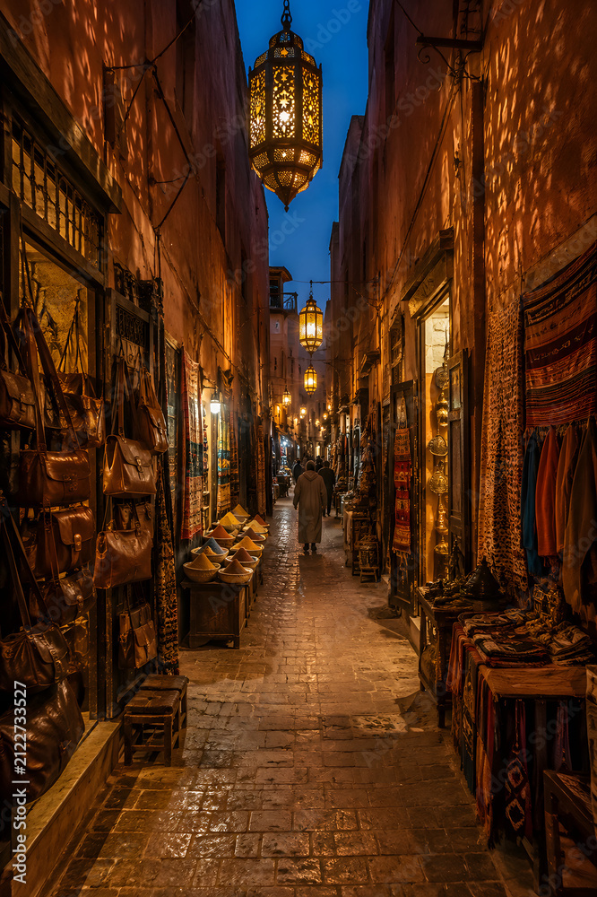 Fototapeta premium Marrakech medina alley at night with Moroccan lanterns, authentic travel photo