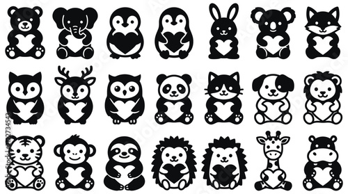 Charming collection of cute animal silhouette illustrations, each character sweetly holding a love heart, perfect vector graphic designs for children's projects and decorative elements