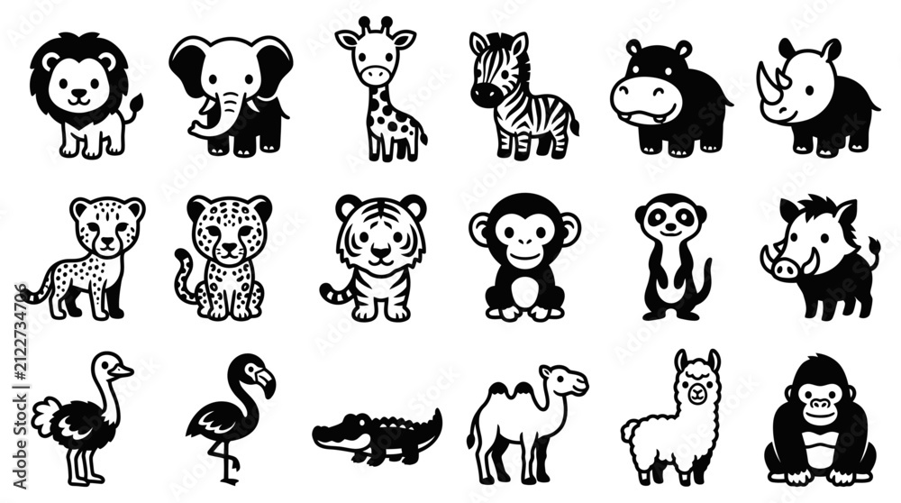 Fototapeta premium Adorable wild animal silhouette icons set, featuring a charming collection of exotic safari creatures perfect for kids' designs and educational graphics