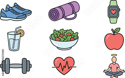 Set of healthy lifestyle fitness and wellness doodle icons vector illustration.