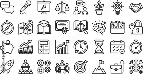 Comprehensive business and management icon set vector bundle featuring hand drawn doodle style illustrations for professional corporate projects and creative web design