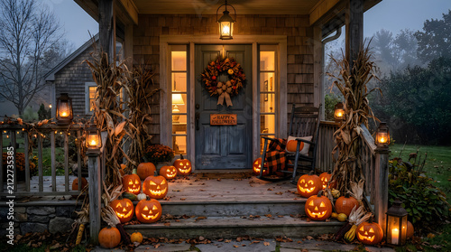 Festive halloween decorated front porch with glowing jack o lanterns
