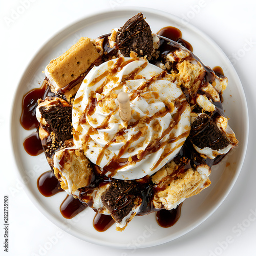 Decadent dessert with whipped cream, chocolate sauce, and crunchy biscuit pieces, perfect for sweet cravings and indulgence