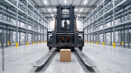 Huge Forklift Carrying A Single Small Box as an Overkill And Wasted Resources Metaphor