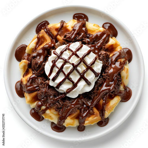 Delicious Belgian Waffle Topped with Whipped Cream and Chocolate Syrup on White Plate