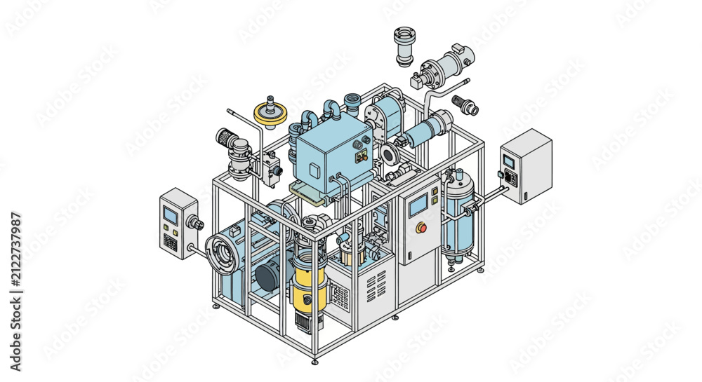 Fototapeta premium An isometric technical illustration of a complex industrial machinery skid featuring various pumps, tanks, valves, and control panels mounted on a metal frame.