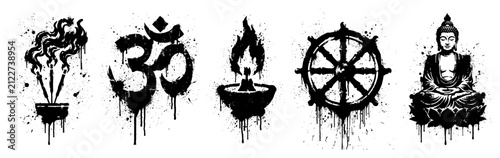 Obraz na płótnie Buddhist and Hindu spiritual symbols including Om Dharma wheel and Buddha in gru