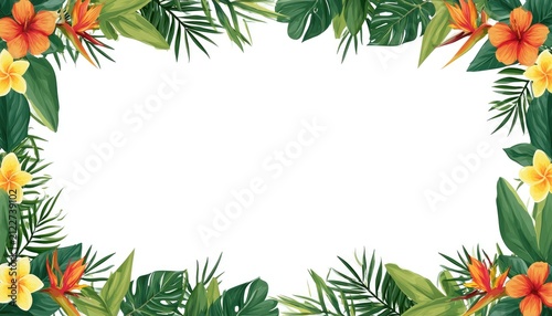 Tropical Floral Border with Lush Green Leaves and Vibrant Flowers.