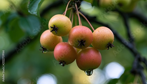 Close-up of a cluster of ripe crabapples with water droplets on a branch.